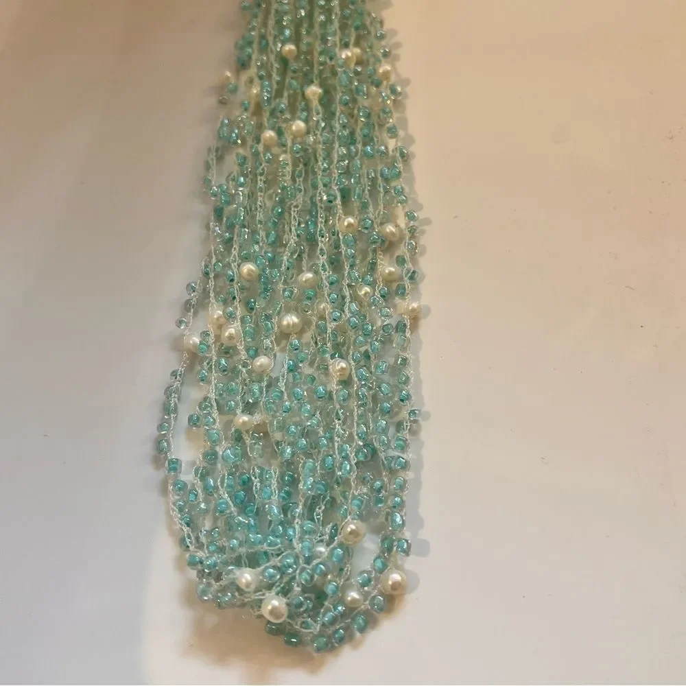 Vintage‎ Aqua Glass & Pearl Multi-Strand Necklace Boho Beachy Layered